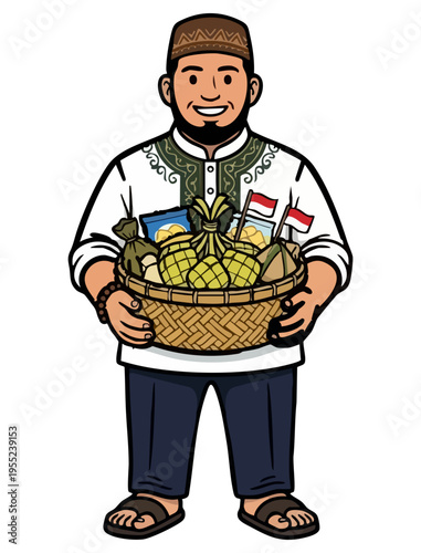 a man wearing Muslim clothes carrying a basket of ketupat.