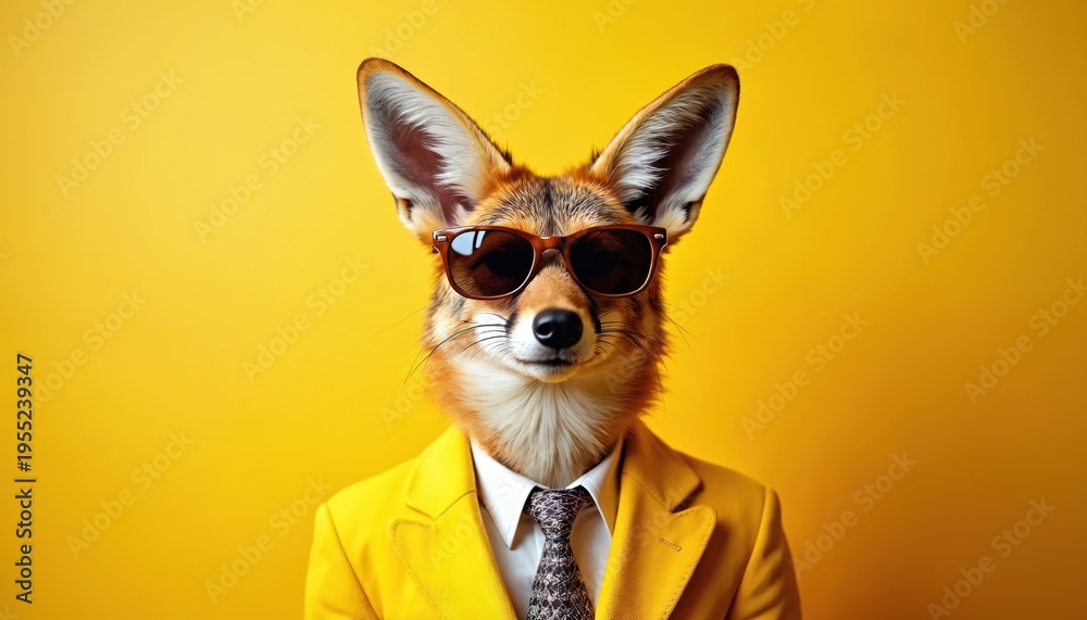 Fototapeta premium Fox wearing sunglasses, yellow suit stands against bright yellow background. Animal looks cool, stylish. Portrait playful, quirky representation of fashion, animals, perfect for creative projects.