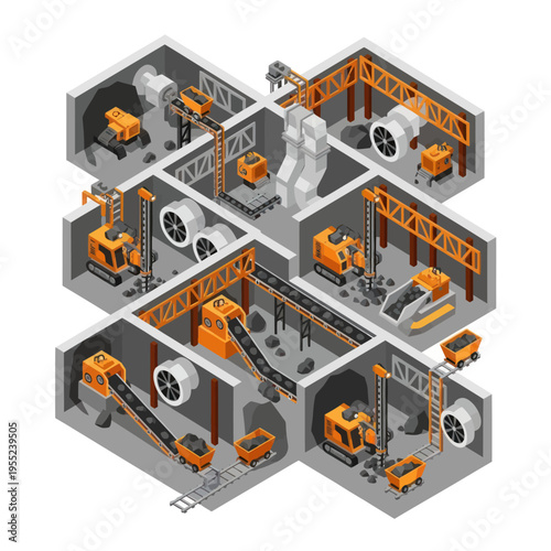 Isometric Mining Operation - A Detailed View of Underground Extraction.