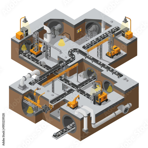 Isometric View of Underground Construction Site with Machinery and Conveyor Belts.