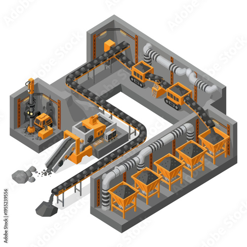 Isometric Coal Mining and Processing Plant Illustration with Conveyor Belts.