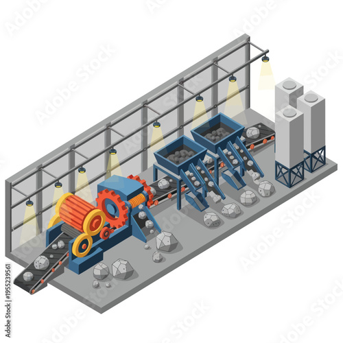 Isometric View of Industrial Stone Crushing and Processing Plant.