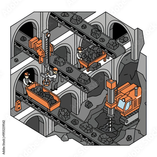 Isometric Illustration of a Coal Mine with Workers and Machinery.