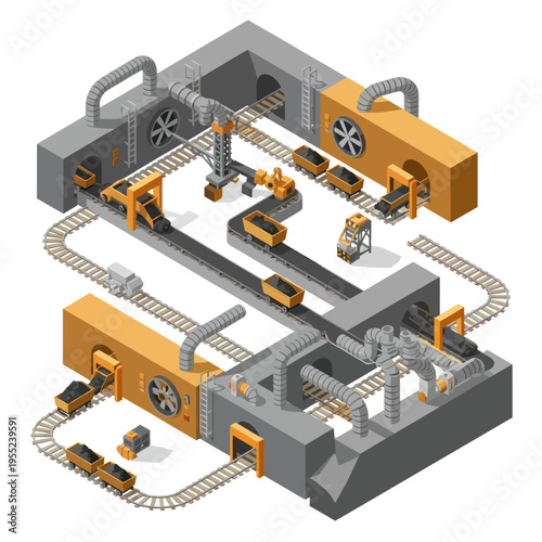 Isometric Coal Mining Factory with Conveyor Belts and Machinery.