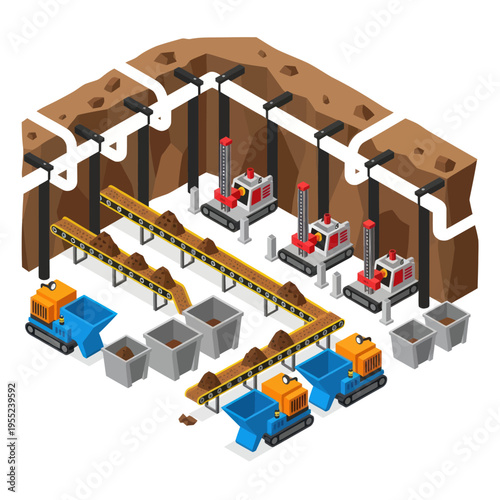 Isometric Mining Operation with Conveyor Belts and Heavy Machinery.