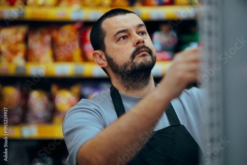 Supermarket Employee Arranging Merchandise on Shelves at Store. Grocery store clerk restock with products and check their placement on the shelf
