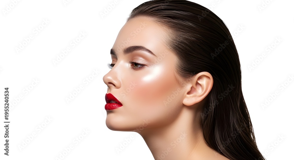 Fototapeta premium Elegant Woman's Profile with Red Lipstick, Beauty and Cosmetics Concept