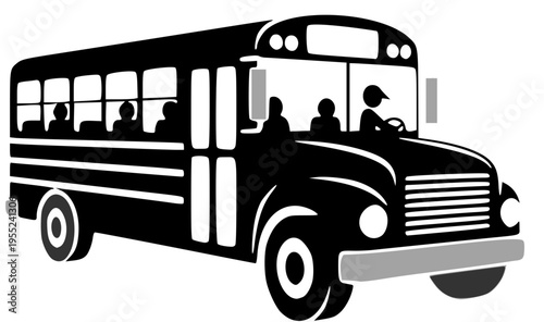 Black and white silhouette of a classic school bus with a driver and children, vector illustration.
