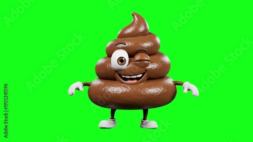 A stylized 3D rendered poop emoji character stands on a green chroma key background, wide smiling, winking, and performing a fun dance move. This universally recognized humorous mascot