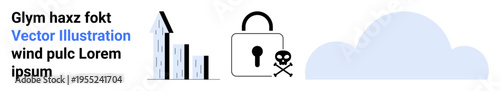 Cybersecurity, data protection, cloud computing, online security, hacking awareness, internet safety. A bar graph, lock with a skull symbol and a cloud. Cybersecurity and data protection concept
