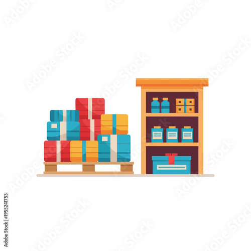 Warehouse Storage with Pallet and Shelves Illustration.