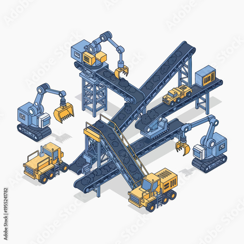 Isometric Industrial Automation System with Conveyor Belts and Robotic Arms.