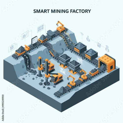 Isometric Smart Mining Factory Illustration with Automated Machinery and Conveyor Belts.