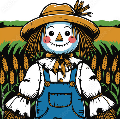 Colorful bold line art sticker of a scarecrow standing in a crop field, thick outline, white background 2