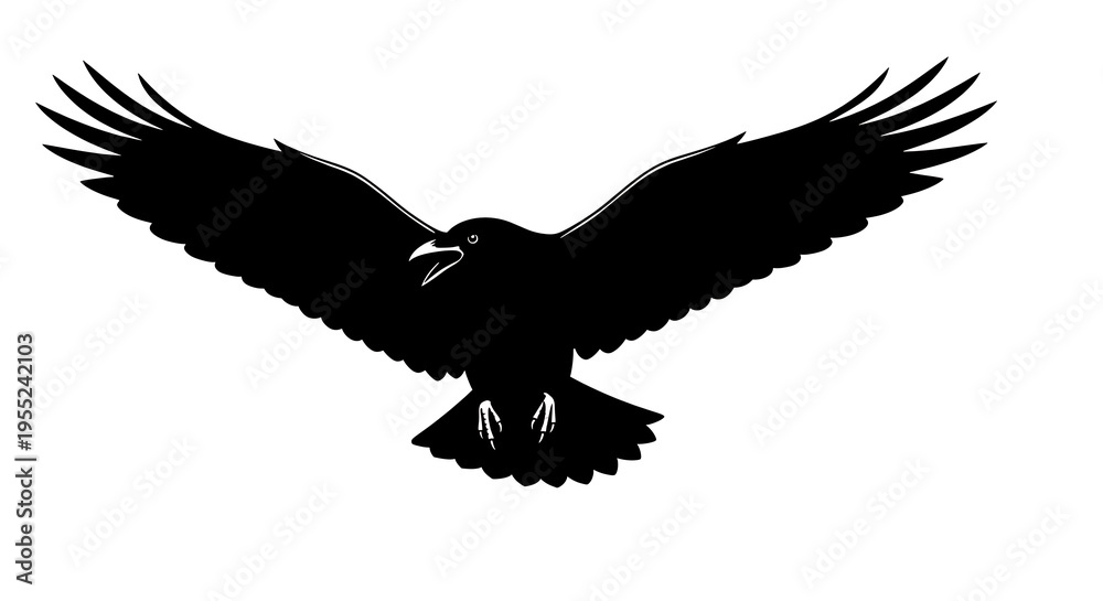 Obraz premium A striking silhouette of a raven in flight wings fully extended on transparent background
