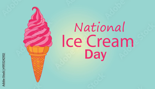National ice cream day graphic featuring a vibrant pink soft serve cone on a gradient blue background