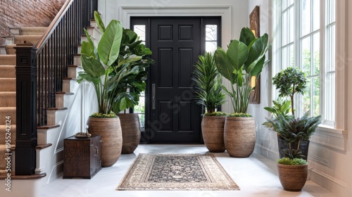 Elegant Entryway with Lush Greenery, Stylish Plants, and Classic Design in Bright, Spacious Home Interior