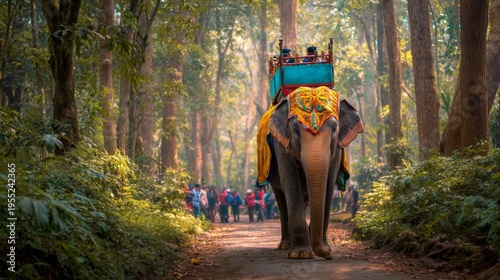 Majestic Elephant Walking Through Lush Green Forest Path with Tourists in Background Surrounded by Nature's Beauty
