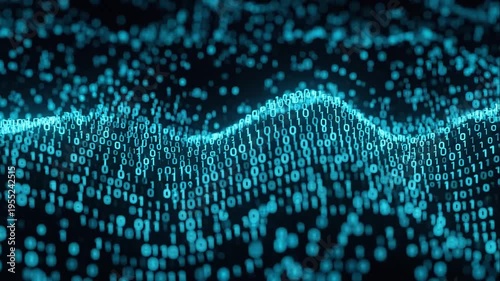 Dynamic wave of luminous binary code, illustrating the complex structure and movement of information in a digital realm, ideal for technology backgrounds and data visualization