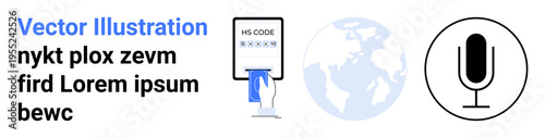 Digital security, global communication, voice recognition, data safety, password protection, cybersecurity. A security code screen, global map and microphone icon. Digital security and global