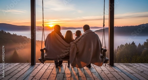 Family enjoying a serene sunrise from a wooden swing on a misty mountain overlook.