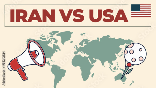 Modern vector breaking news template with bold typography, Iran vs USA headline, alert icons, and world map background, designed for social media posts and video thumbnails