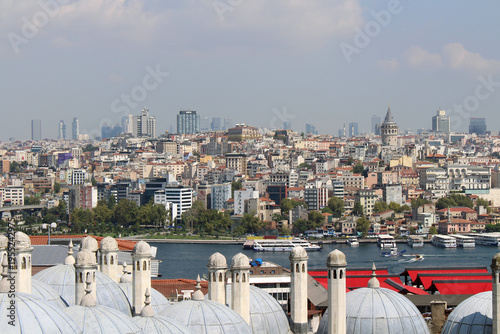 Golden Horn panoramic city September Summer 2024 Historic mosque domes overlooking modern skyline Istanbul