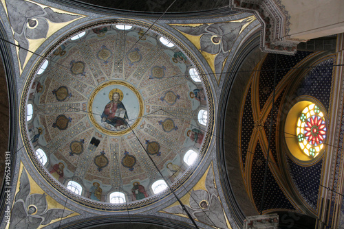 Hagia Triada church dome interior September Summer 2024 Christ Pantocrator painting and stained glass Istanbul