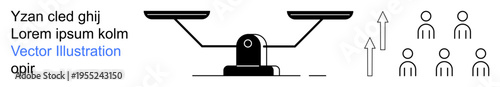 Equality, fairness, decision-making, law, social comparison, teamwork. A balance scale next to upward and downward arrows with a group of people. Equality and fairness concept