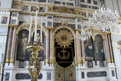 Hagia Triada Greek Orthodox interior September Summer 2024 White ornate iconostasis and blue ceiling Istanbul