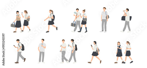 夏の高校生 男女の通学・放課後シーンセット（歩く・スマホ・会話・水分補給）