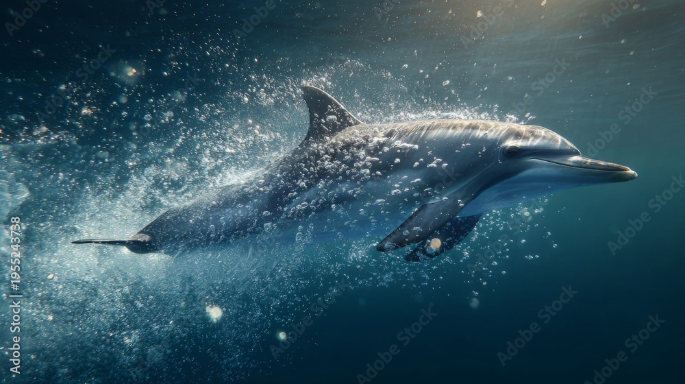 Fototapeta premium Majestic Dolphin Swimming Gracefully in Tranquil Ocean Waters Surrounded by Bubbles and Sunlight Rays