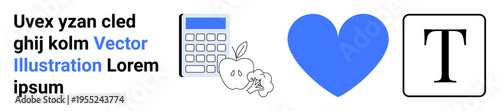 Education, learning, design, healthy living, personal finance, love for knowledge. Blue heart symbol with calculator and apple. Education and healthy living for creative design