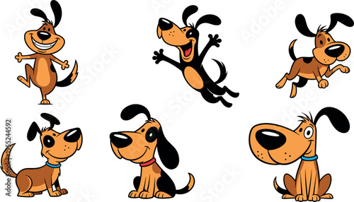 Cute cartoon dog characters set with happy playful puppy poses jumping sitting running and smiling pet mascot vector illustration