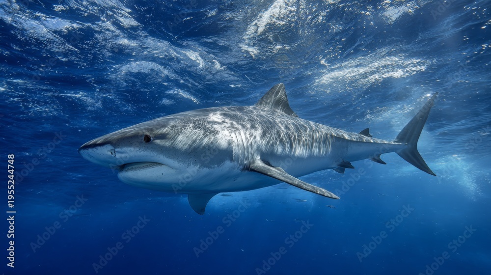Fototapeta premium Majestic Shark Swimming Gracefully Underwater in Clear Blue Ocean Water