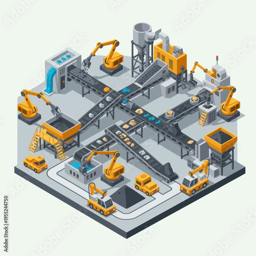 Isometric Factory Automation - Conveyor Belts, Robotic Arms, and Industrial Processes.