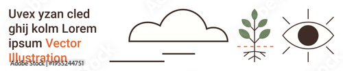 Environmental awareness, sustainability, growth, vision, design, minimalism. Cloud, plant sprout and symbolic eye icon alongside placeholder text. Sustainability and vision-oriented