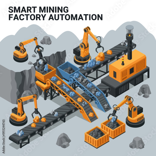 Smart Mining Factory Automation with Robotic Arms and Conveyor Belts.