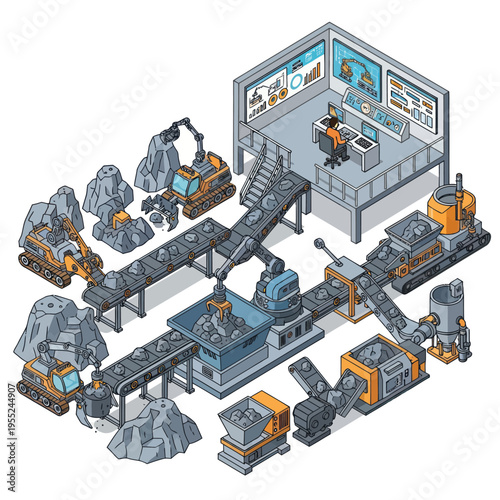 Isometric Mining Operation with Automated Machines and Control Room.