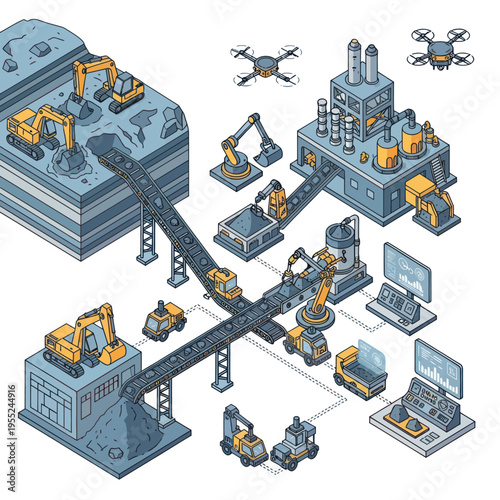 Isometric Mining and Manufacturing Process with Automated Machinery.