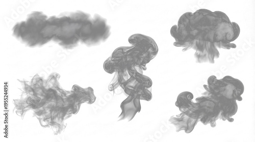 Abstract dark grey smoke and cloud shapes isolated on transparent background, perfect for digital overlay.
