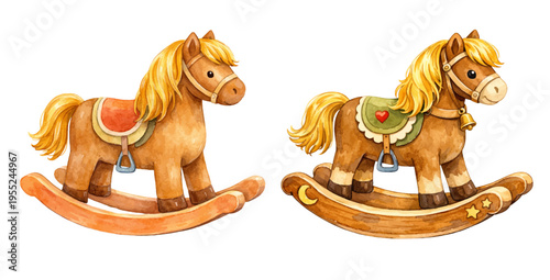 A charming watercolor collection of vintage rocking horses, featuring cute wooden toy horses with saddles, flowing manes, and nostalgic details isolated on a transparent background.