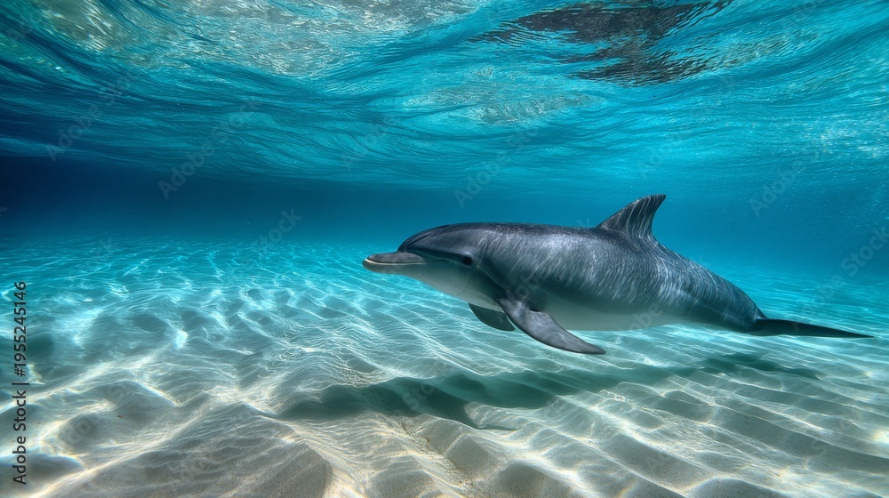 Fototapeta premium Playful Dolphin Swimming Gracefully Under Crystal Clear Ocean Surface with Beautiful Light Reflections and Vibrant Aquatic Environment