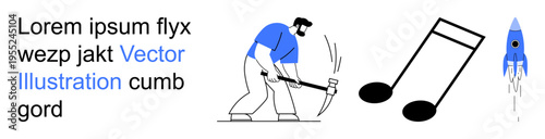 Creativity, labor, music, innovation, exploration, productivity. A worker mining, musical notes and a rocket launching. Creativity and labor concepts through images