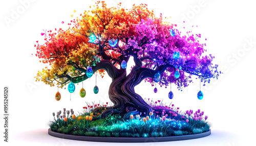 Whimsical glowing rainbow tree with vibrant flowers