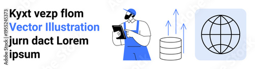 Data storage, global communication, workflow management, database services, technology, and networking. A person checks a digital system with database and globe icons. Data storage and global
