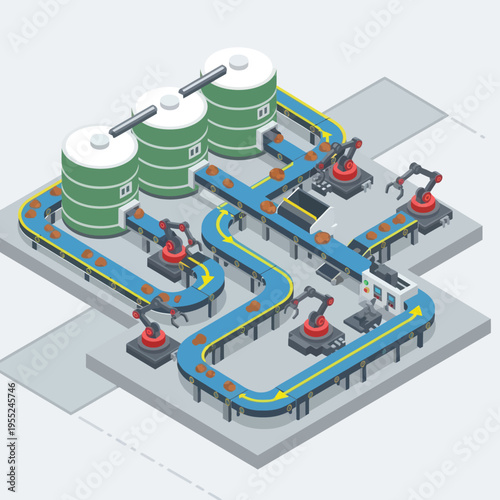 Automated Production Line with Robotic Arms and Conveyor Belts.