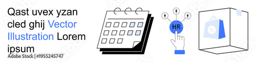 Human resources, scheduling tools, online shopping, e-commerce solutions, hiring processes, work planning. Simple icons include a calendar, HR symbol and a shopping bag. Human resources