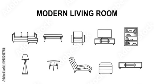 Black and white line art icons of modern living room furniture set