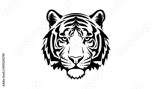 Minimal tiger face linocut vector logo in black and white with bold cutout shapes and clean symmetry